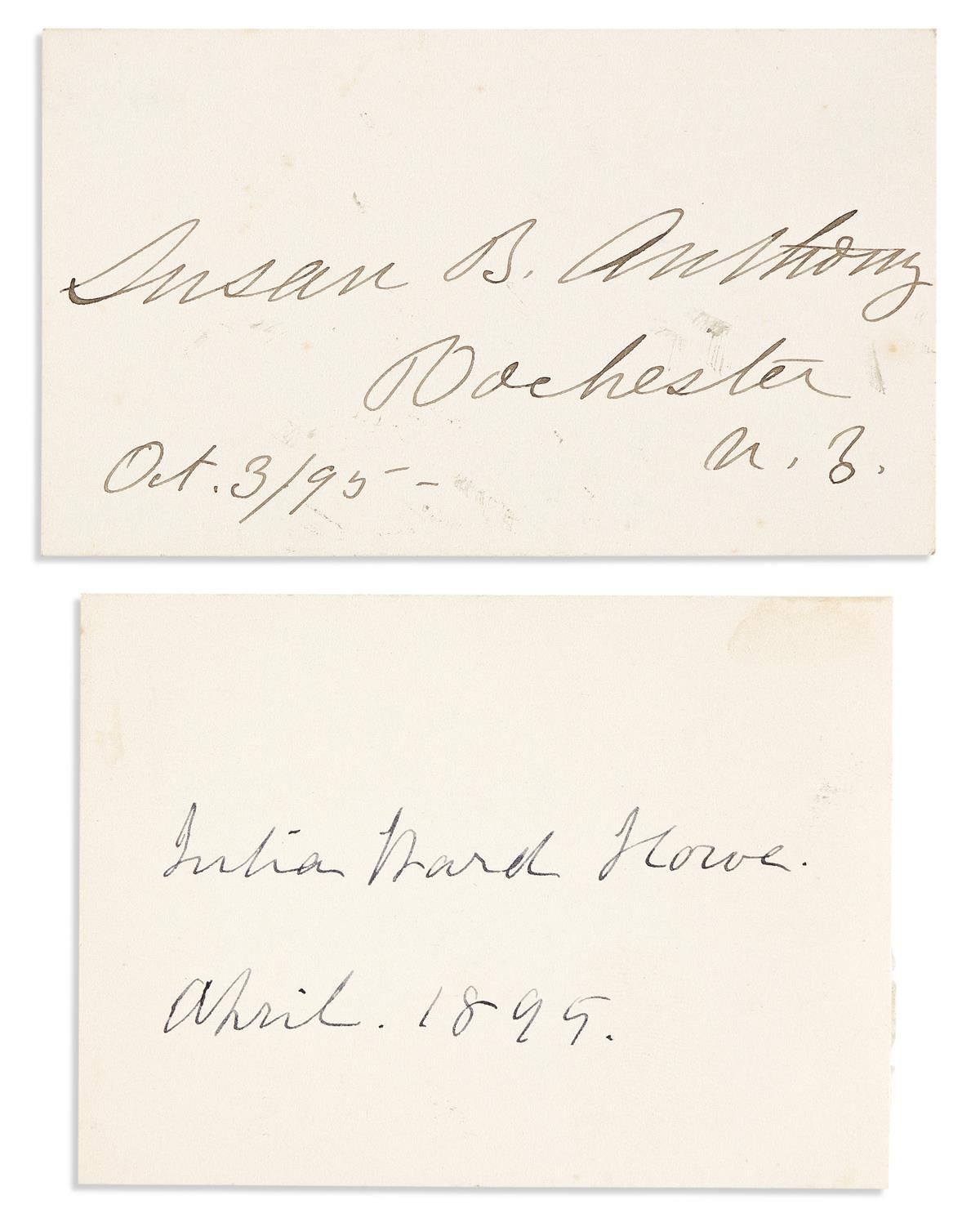 (SUFFRAGETTES.) Two cards, each dated and Signed: Susan B. Anthony * Julia Ward Howe.